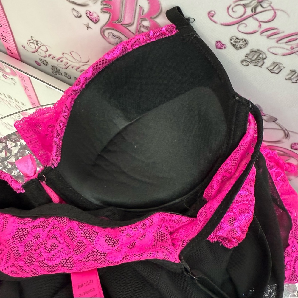 B delicious mini dress Sheer Black Chemise with Pink Lace Trim Elegant Nightwear - Picture 14 of 15